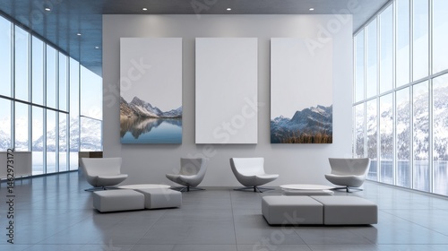 Modern showroom-style lounge with blank art panels  