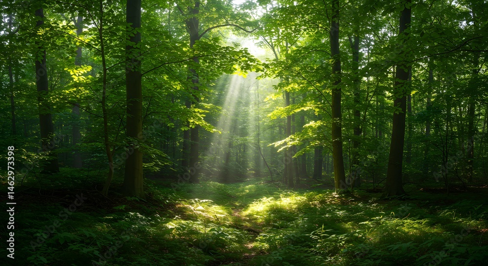 Obraz premium Forest with sunlight filtering through dense green leaves.