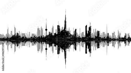 Cyberpunk city simple black silhouette vector isolated on white background  -  