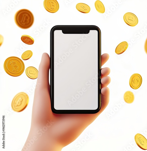 Hand holding a smartphone with a blank screen, surrounded by falling golden coins photo