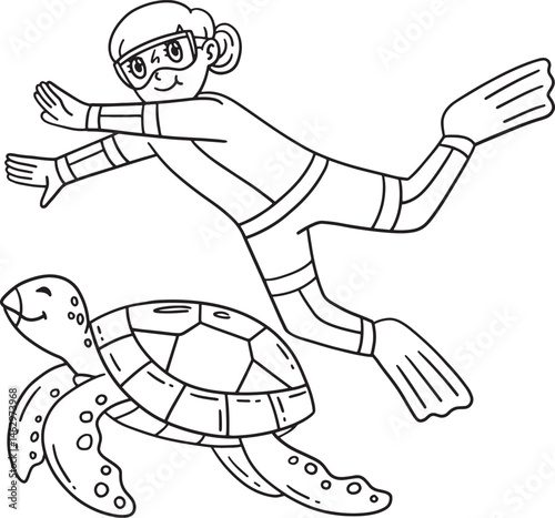 Swimming Girl with Turtle Isolated Coloring Page 