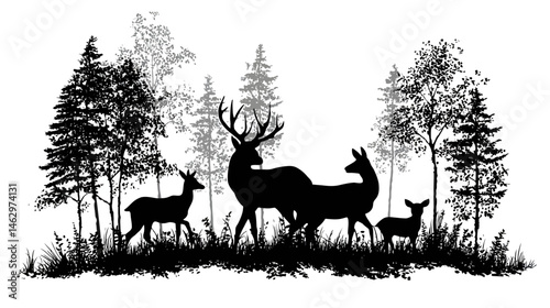 Deer family forest simple black silhouette vector isolated on white background  -  