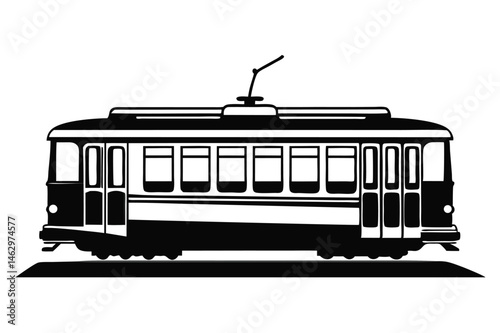 Side view of a black and white tram silhouette shows its distinctive profile
