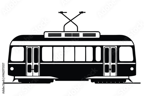 A simplified monochromatic outline presents the front view of a classic tram on rails