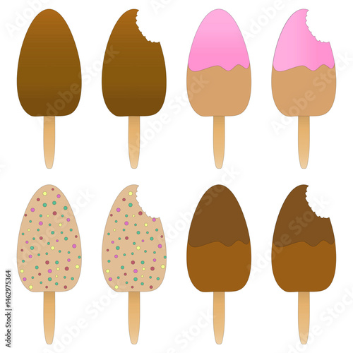 Set of ice cream on a stick with different colors on isolated white background. Ice cream whole and bitten off, with teeth marks - fruit, chocolate, and with topping. Ideal for dessert, or food design