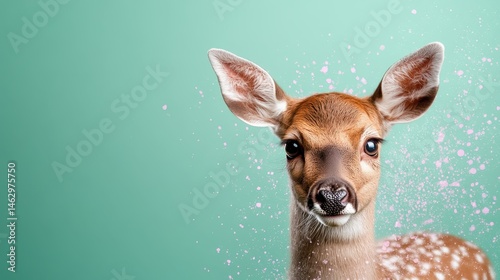 A close-up portrait of a fawn with large expressive eyes, capturing the innocence and beauty of nature, symbolizing gentleness and the wonder of wildlife.