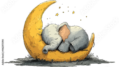 Elephant sleeping on moon illustration simple vector on white background   -  