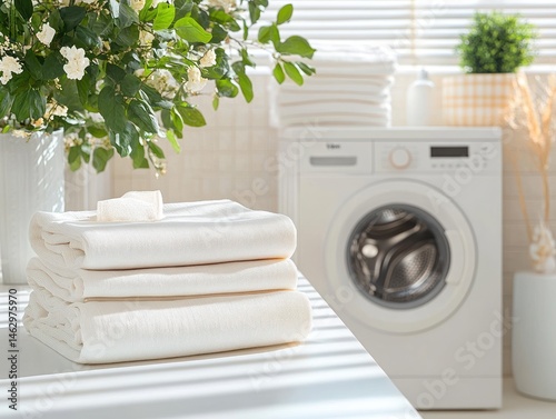 Bright laundry room with neatly folded white towels on table, washing machine in background, and green plants adding freshness to the space
