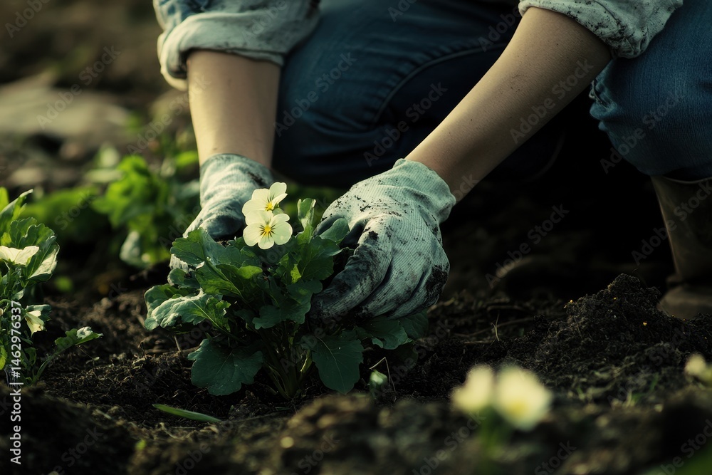 Naklejka premium Dedicated Gardener Nurturing Blossoms in Flourishing Spring Garden