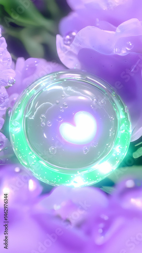 Glowing heart orb amidst purple flowers; romantic, magical vibe; ideal for love, fantasy, or wellness designs