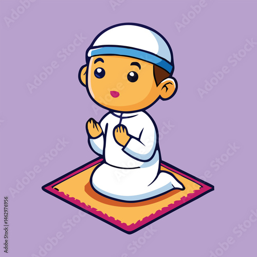Adorable cartoon Muslim boy is kneeling and praying on a prayer rug