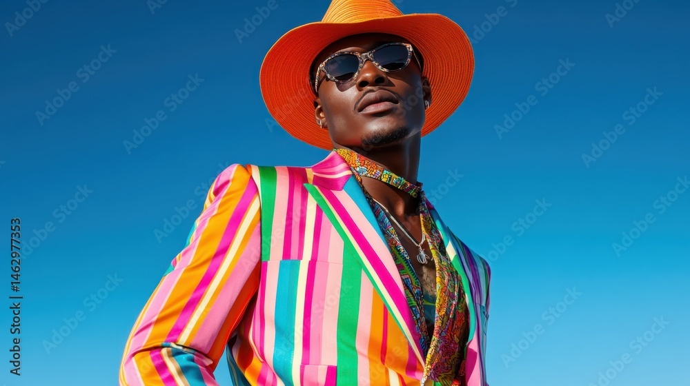 Obraz premium A striking portrait of a fashionable man dressed in a vibrant suit and hat, exuding confidence and style against a clear blue sky, a perfect blend of fashion and expression.
