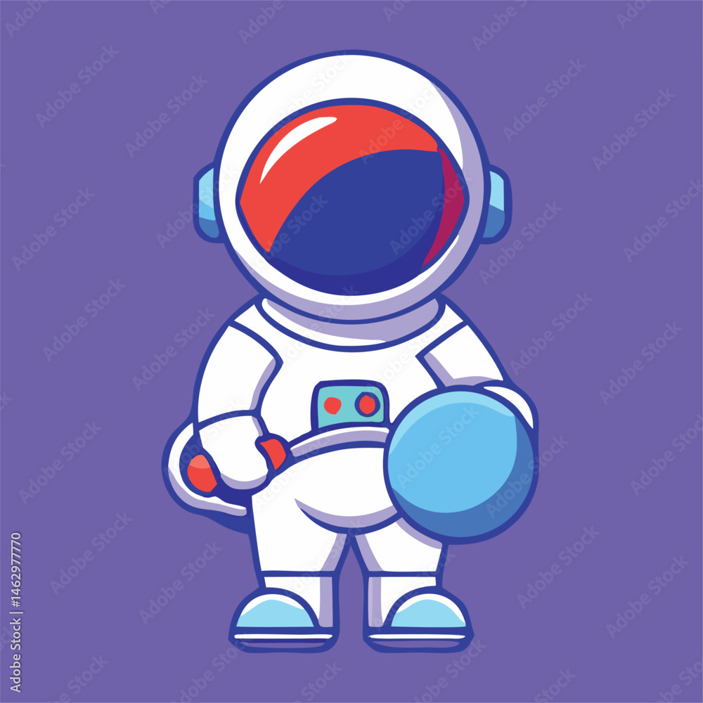 Isolated astronaut stands holding a blue balloon on a vibrant purple background, which is very appealing