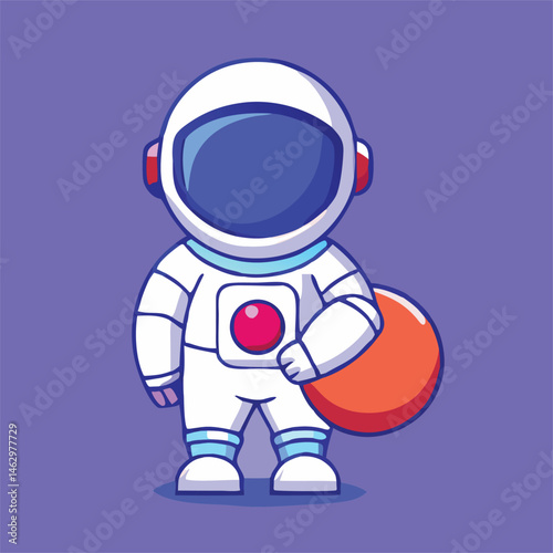 Cartoon astronaut in white suit is holding an orange planet against purple background