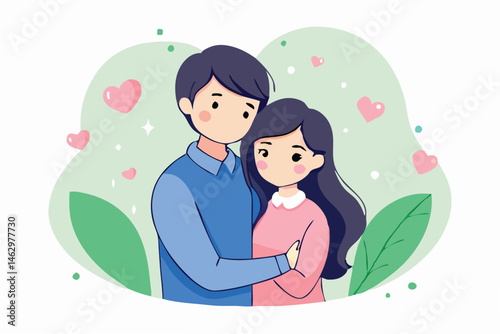 Animated couple embraces tenderly with hearts amidst foliage against a muted green backdrop