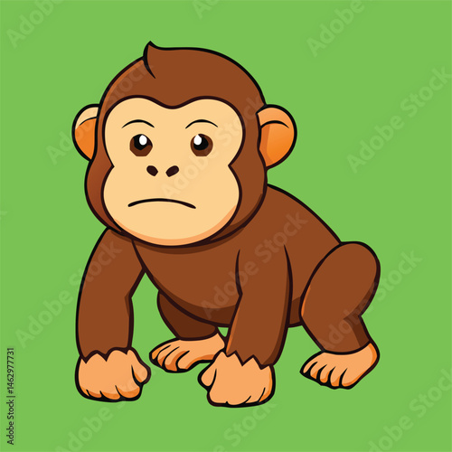 Cartoon monkey squats with a slightly concerned expression against solid green background