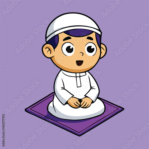 Joyful cartoon Muslim boy wearing white taqiyah sits on purple prayer mat