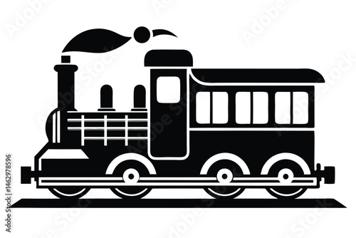 Classic black steam train emits white smoke atop train tracks in simple form