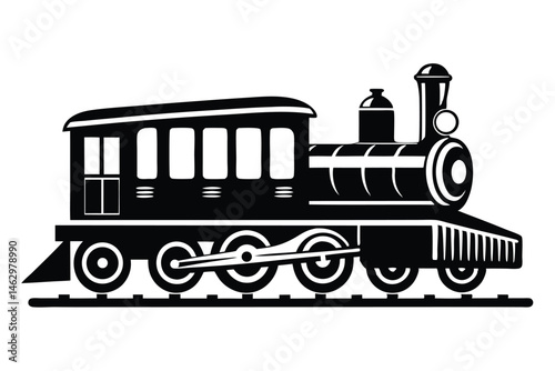 Black silhouette of an old steam train engine travelling on railroad tracks appears on white