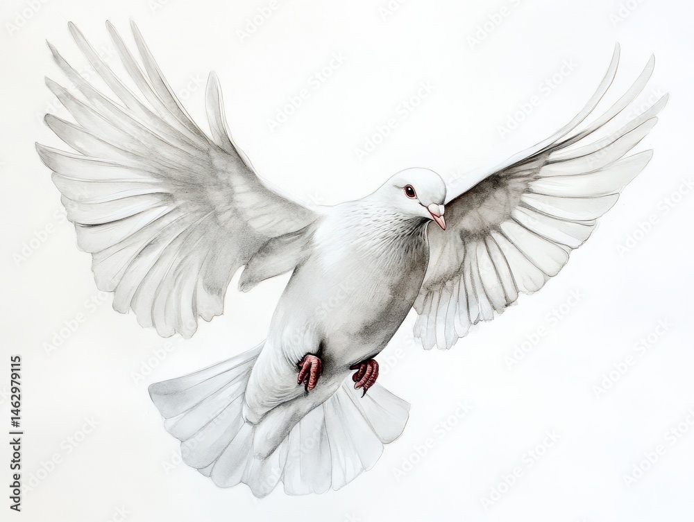 Fototapeta premium Serene Dove Illustration: A Watercolor Artwork of a White Flying Bird Symbolizing Peace and Freedom