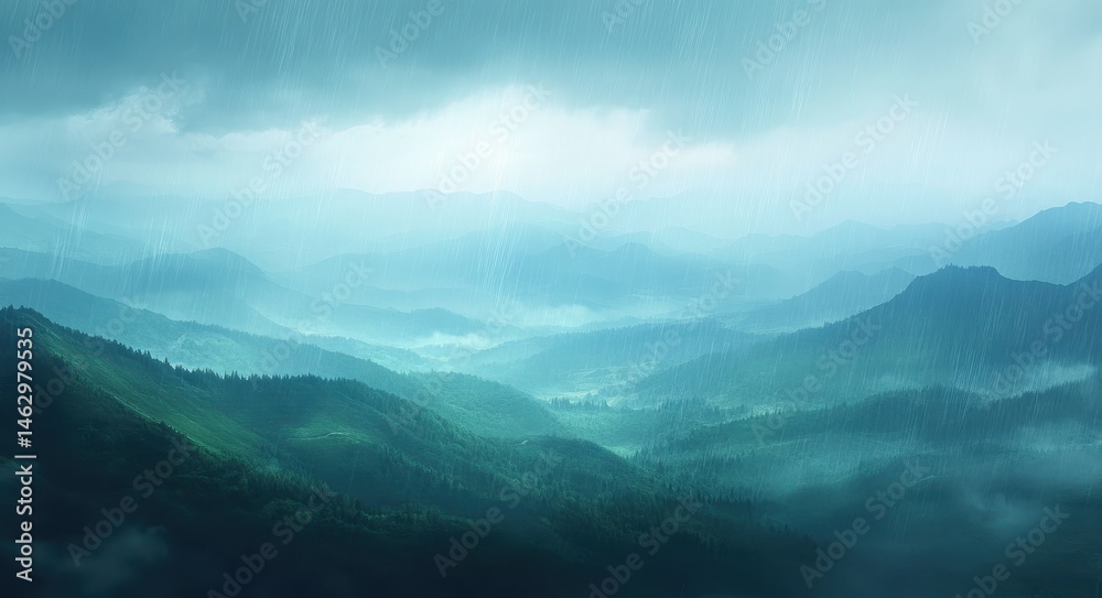Fototapeta premium Serene Mountain Rain: A Misty Landscape at Sunset with Fog-Blanketed Hills and Sunlight Piercing the Clouds