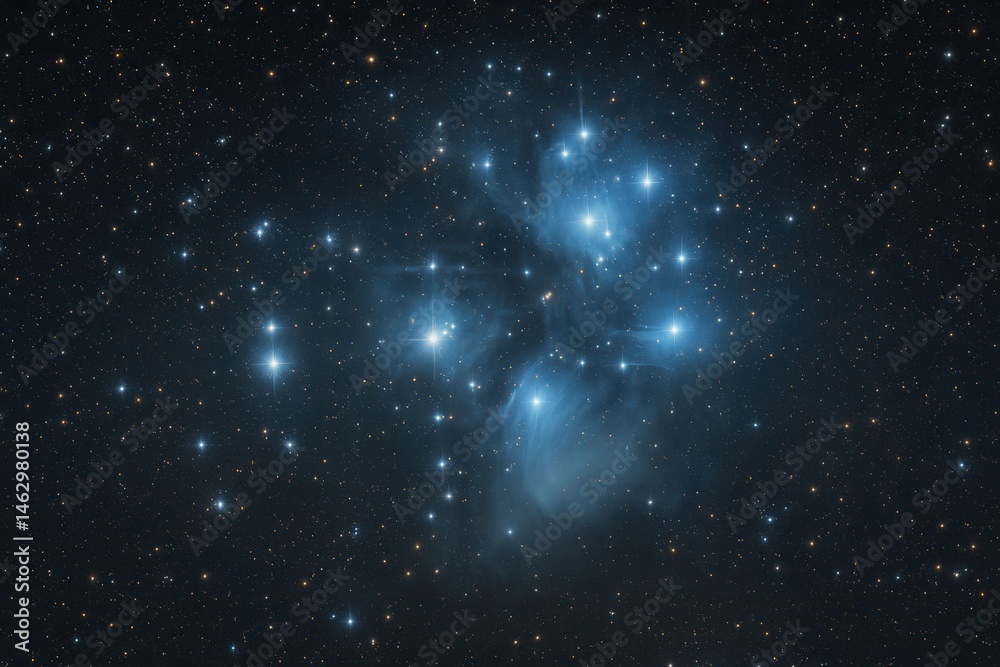 Pleiades star cluster shining in the night sky with nebulae