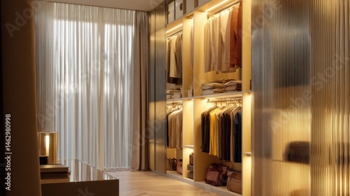 Modern walk-in wardrobe with fluted panels and soft lights  