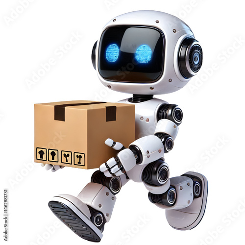Cute 3D robot carrying a box isolated on white background