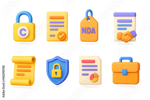 3D icon set of startup legal basics: IP protection lock, company registration form, NDA (non-disclosure agreement) tag, partnership contract, terms and conditions scroll, privacy policy shield,