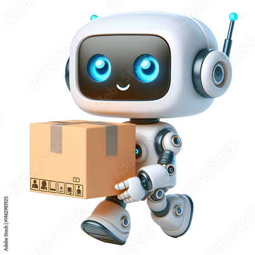 Cute 3D robot carrying a box isolated on white background