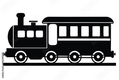 Black silhouette of a steam engine train and passenger car on a straight track