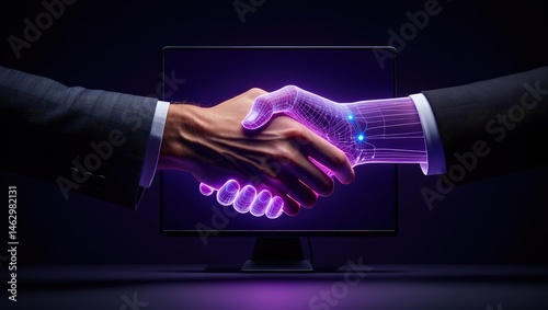 A human and an AI agent shake hands at a digital interface, representing AGI and ASI singularity in artificial intelligence collaboration, trust, and the fusion of human and machine intelligence