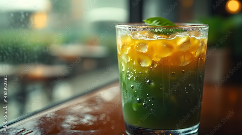 Refreshing iced layered beverage with herbal notes Refreshing iced layered beverage with herbal notes