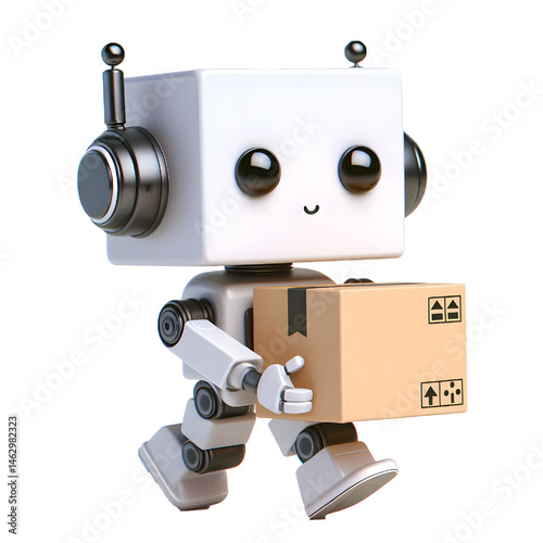 Cute 3D robot carrying a box isolated on white background