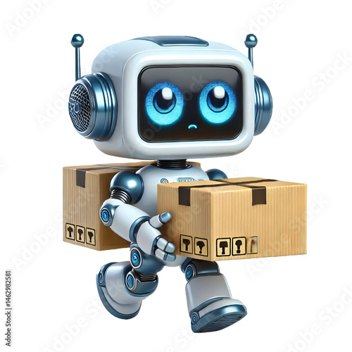 Cute 3D robot carrying a box isolated on white background
