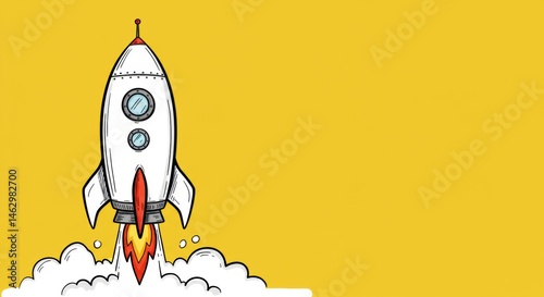 Hand drawn cartoon rocket launch on yellow background for startup concept