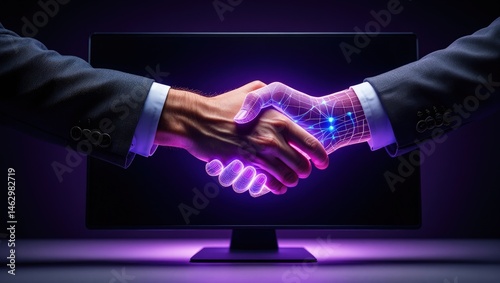 A human and an AI agent shake hands at a digital interface, representing AGI and ASI singularity in artificial intelligence collaboration, trust, and the fusion of human and machine intelligence