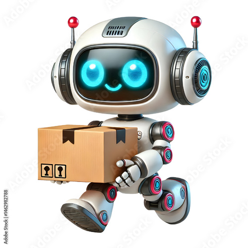 Cute 3D robot carrying a box isolated on white background