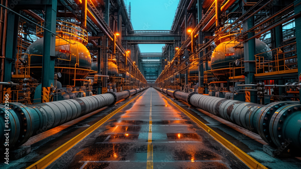 Obraz premium Large industrial plant with pipes and tanks