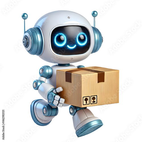 Cute 3D robot carrying a box isolated on white background