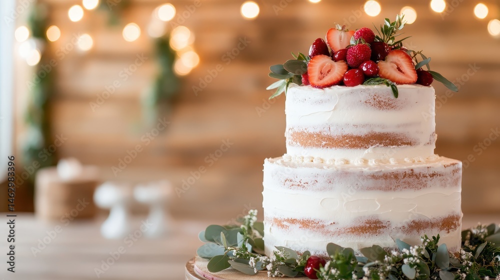 A beautifully crafted two-tiered cake topped with vibrant strawberries and raspberries, showcasing a mix of natural elegance and delectable appeal for any celebration. A beautifully crafted two-tiered cake topped with vibrant strawberries and raspberries, showcasing a mix of natural elegance and delectable appeal for any celebration.