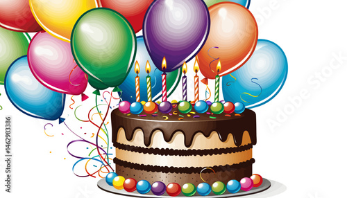 Colorful Balloons and Chocolate Birthday Cake_Celebration Image with Candles and Colorful Decorations_Perfect for Birthday Invitations and Party Themes