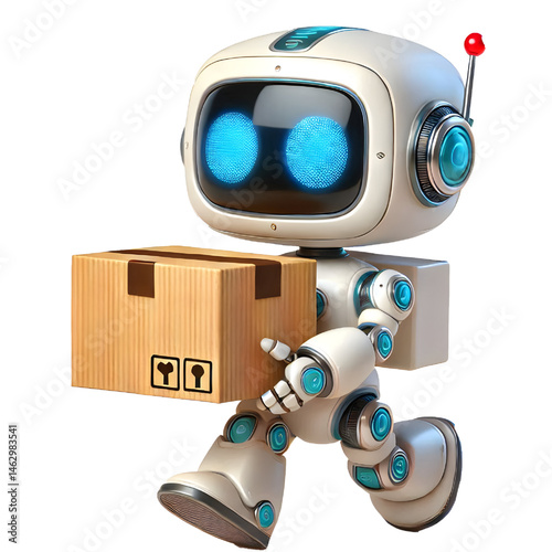 Cute 3D robot carrying a box isolated on white background