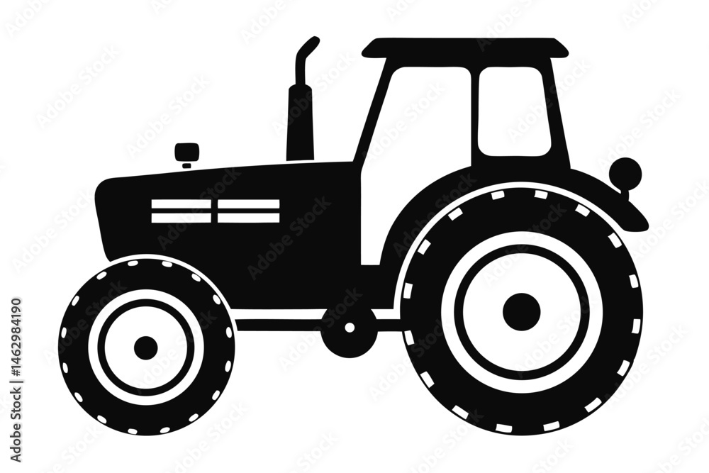 Obraz premium Black silhouette shows farm tractor with large rear tires on a white backdrop