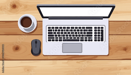 Laptop_and_Coffee_on_Wooden_Desk_Work_from_Home_Setup_Freelance_Lifestyle_Top_View_Workspace_with_Blank_Screen_Computer_and_Mouse_Coffee_Break_Digital_Nomad