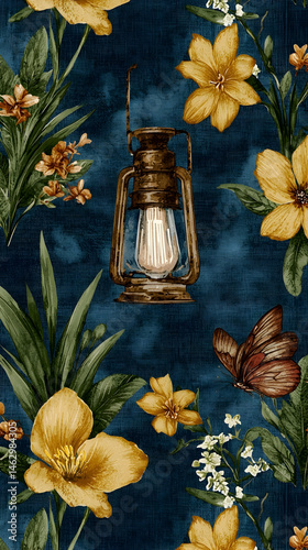 Illuminated lantern amidst yellow flowers and butterflies on a dark blue background; perfect for textile design