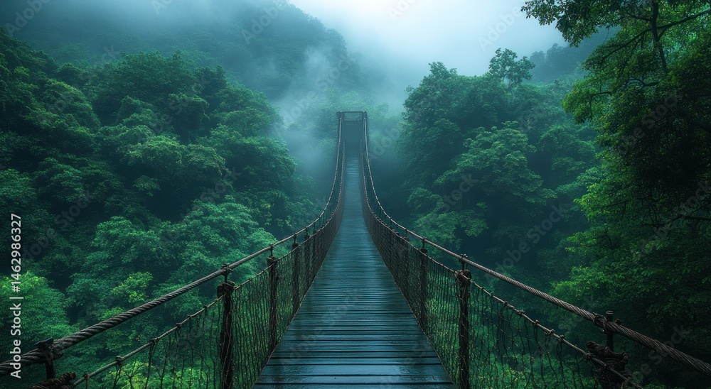 Obraz premium Misty jungle bridge pathway, nature exploration