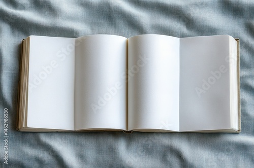 Open blank sketchbook or notebook with white pages lying on a textured light blue fabric surface, inviting creativity and imagination