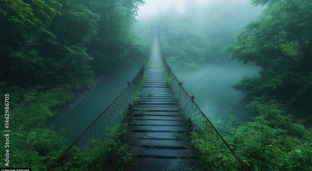 Obraz premium Misty forest suspension bridge over water