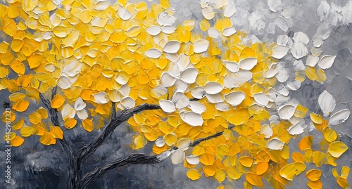Hand Painted Oil Autumn Tree. Autumn Tree with Falling Leaves Romantic Landscape. Vivid Yellow Orange Black Painted Park Scenery. Minimal Textured Oil Painting. Serene Falling Leaves Forest Canvas.